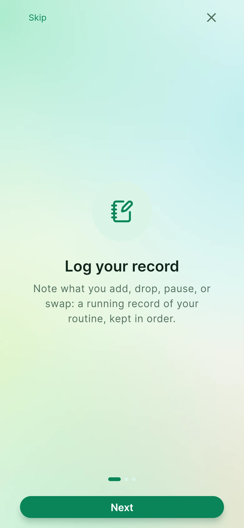 First welcome screen: Log your record.