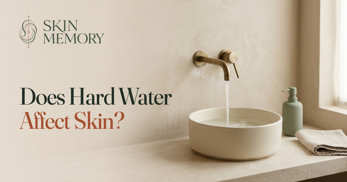 A brass wall tap running water into a cream ceramic basin beside a sage cleanser bottle and a hand towel, illustrating whether hard water affects your skin