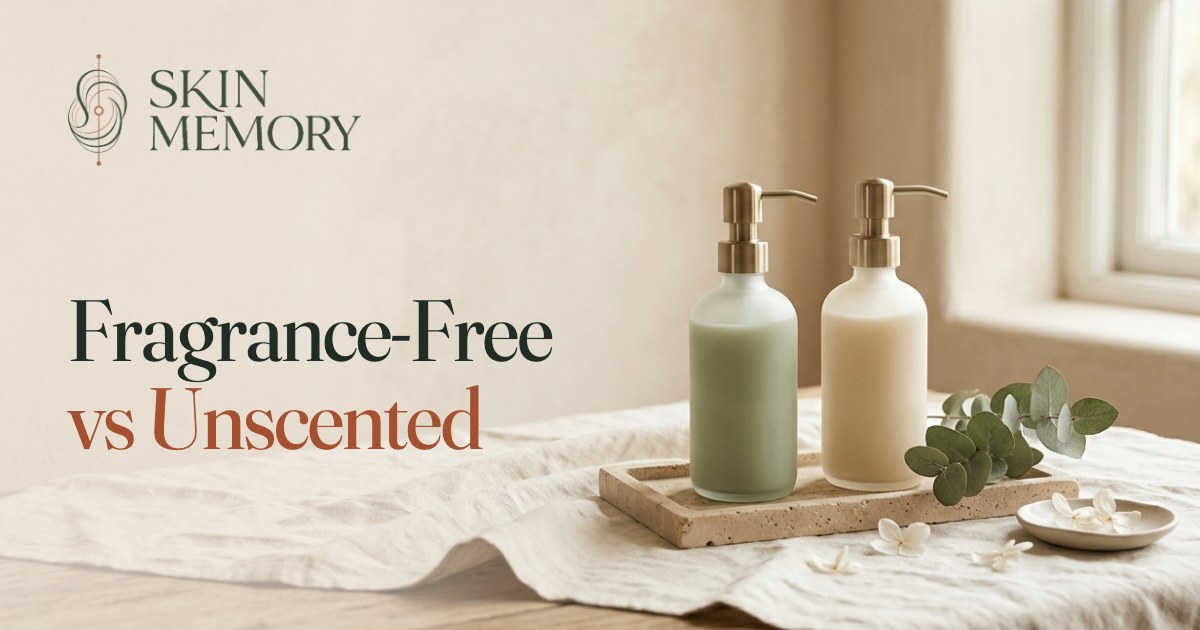Two plain frosted pump bottles, one sage and one cream, on a stone tray with eucalyptus on a linen-covered table, illustrating fragrance-free vs unscented skincare