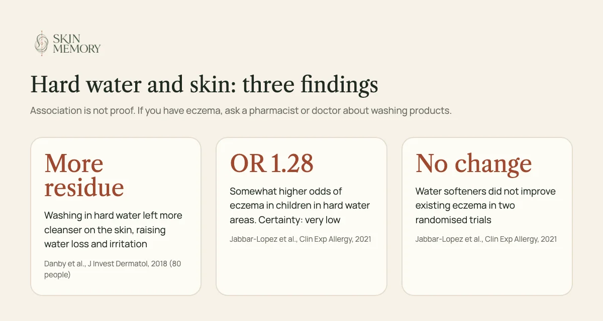 A summary of three findings: hard water left more cleanser residue on washed skin in a lab study; children in hard water areas had somewhat higher odds of eczema, with very low certainty; and water softeners did not improve existing eczema in two trials