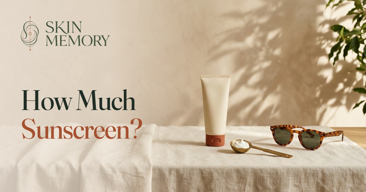 A sunscreen tube, a brass measuring teaspoon holding a dollop of sunscreen and sunglasses on linen in sunlight, illustrating how much sunscreen to use on your face