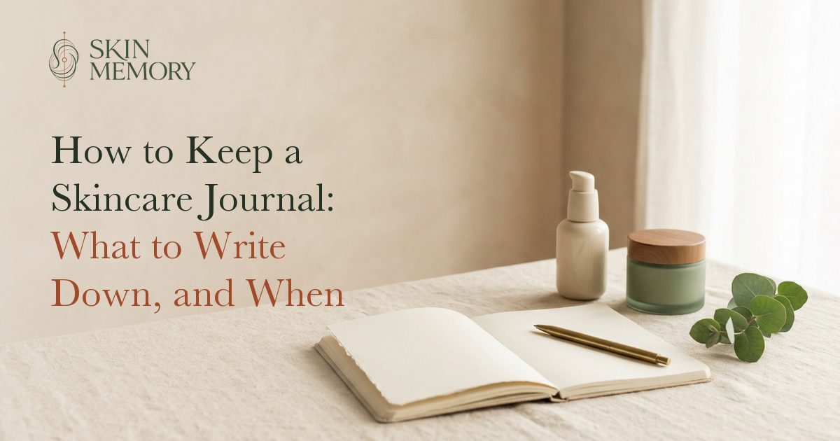 An open blank notebook and pen beside two skincare bottles on a linen table, illustrating how to keep a skincare journal