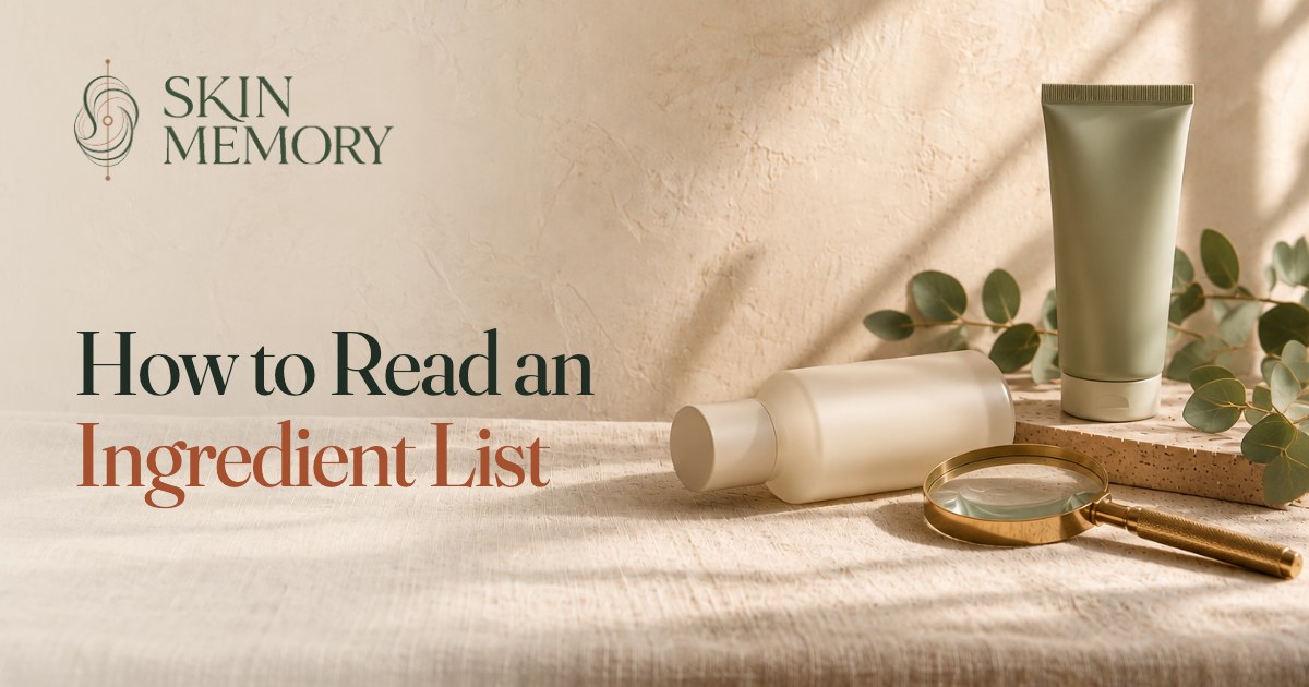 A skincare bottle lying on its side beside a brass magnifying glass and a sage tube on linen, illustrating how to read a skincare ingredient list