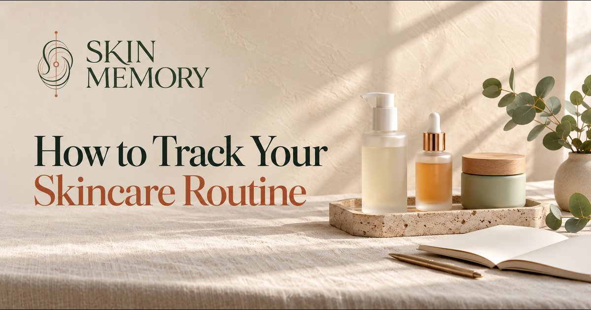 A pump cleanser, a dropper serum and a sage jar in a row on a stone tray beside an open notebook, a gold pen and eucalyptus on linen, illustrating how to track your skincare routine
