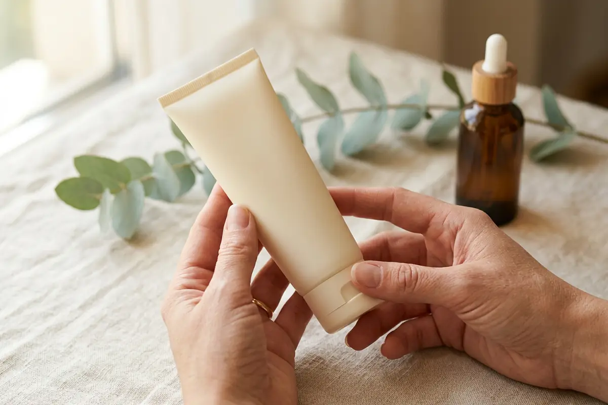 Two hands holding a skincare tube turned over to read the back of the label