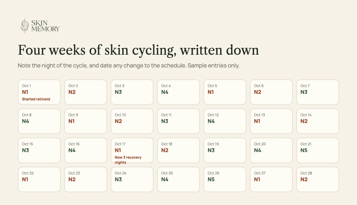 A four-week calendar with each night marked by its place in the skin cycle and two dated notes: started a new retinoid, and changed to three recovery nights