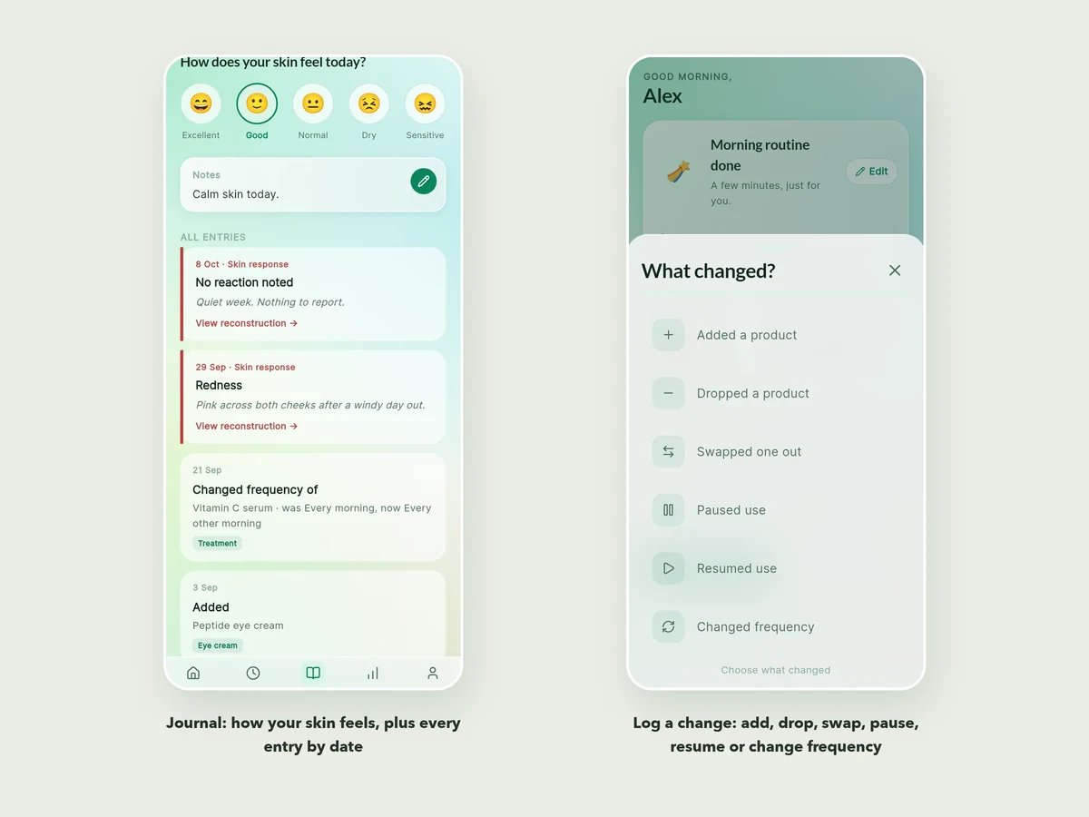 The Skin Memory journal screen showing dated entries, next to the What changed? sheet with options to add, drop, swap, pause, resume or change the frequency of a product