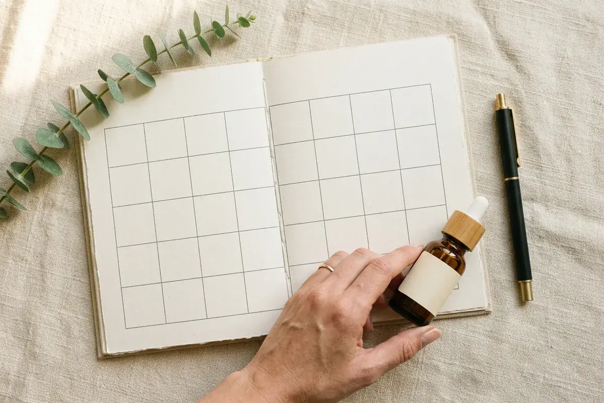 A hand placing an amber dropper bottle beside an open paper calendar on linen, illustrating planning a fair trial for a skincare product