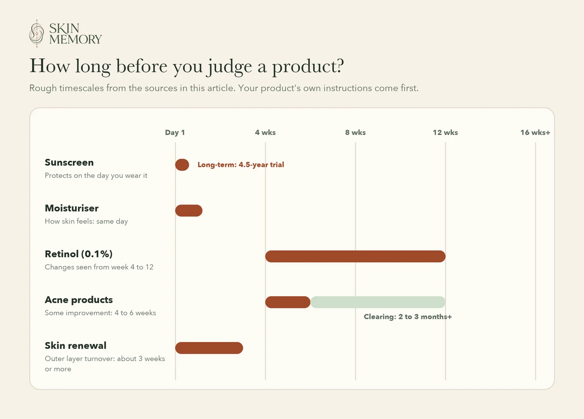 A rough timeline of how long to wait before judging sunscreen, moisturiser, retinol, acne products and skin renewal, from day one to sixteen weeks