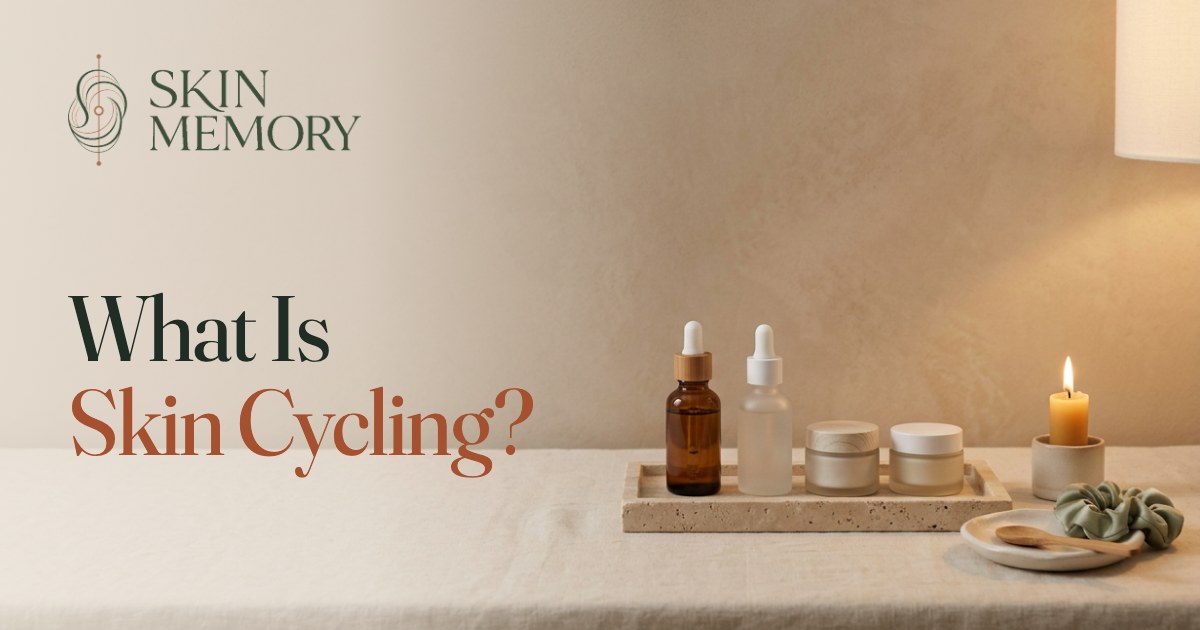 An evening skincare tray with a dropper serum, a serum bottle and two cream jars beside a lit candle, illustrating what skin cycling is