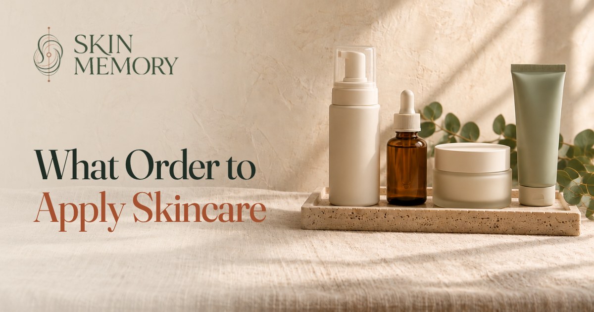 A foaming cleanser, dropper serum, moisturiser jar and sunscreen tube lined up in order on a travertine tray, illustrating what order to apply skincare