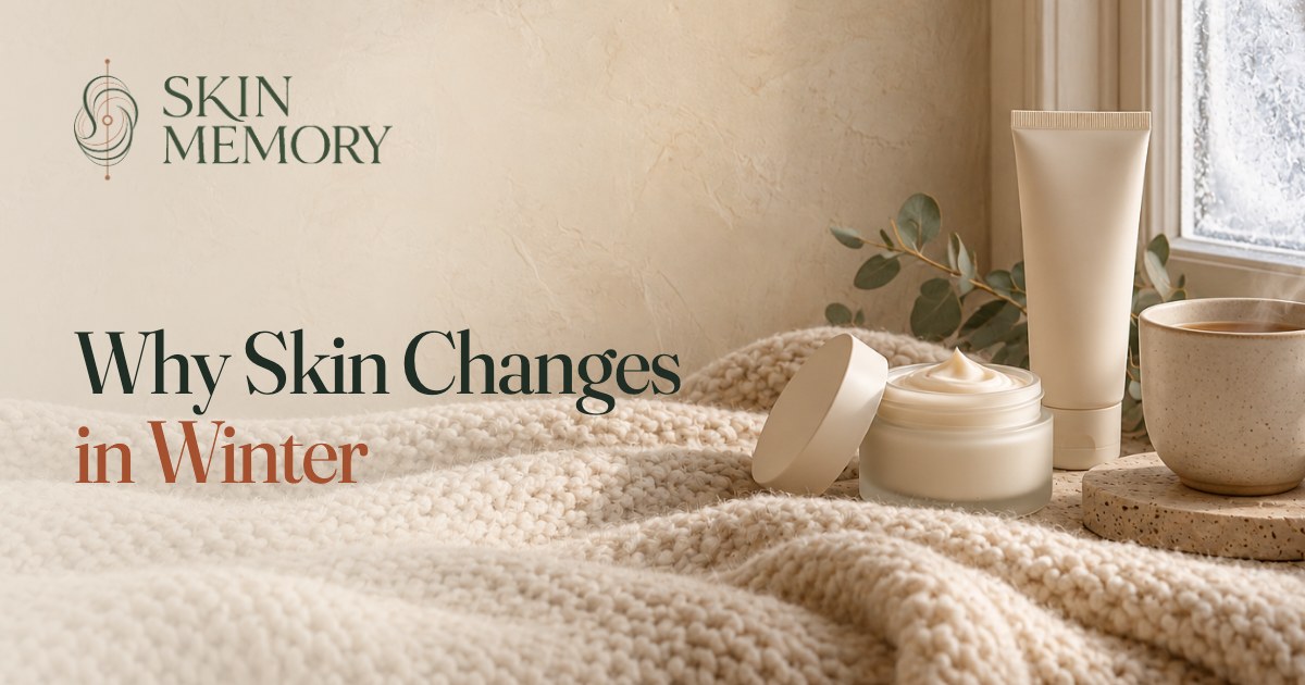 An open jar of rich moisturiser, a tube and a cup of tea on a knitted blanket by a frosted window, illustrating how skin changes in winter