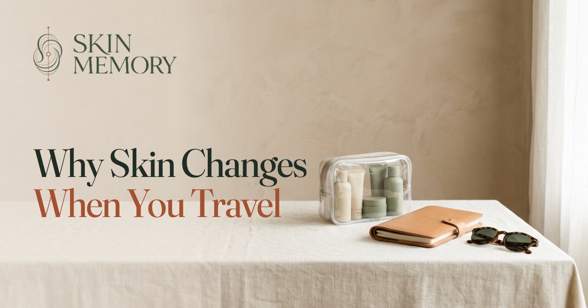 A clear toiletry pouch with travel-size skincare bottles, a leather travel wallet and sunglasses on a linen table, illustrating why skin changes when you travel
