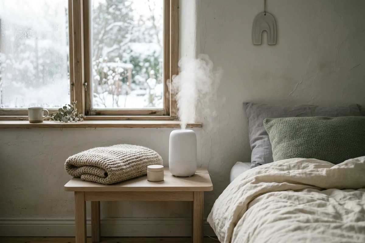 A small cool-mist humidifier on a bedside table next to a jar of moisturiser and a folded wool throw in a winter bedroom