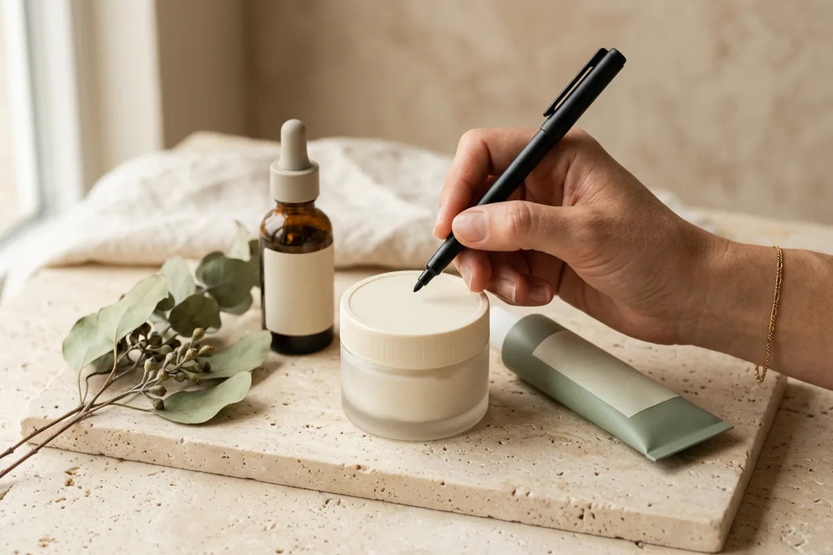 A hand writing the opening date on the lid of a jar of face cream with a permanent marker